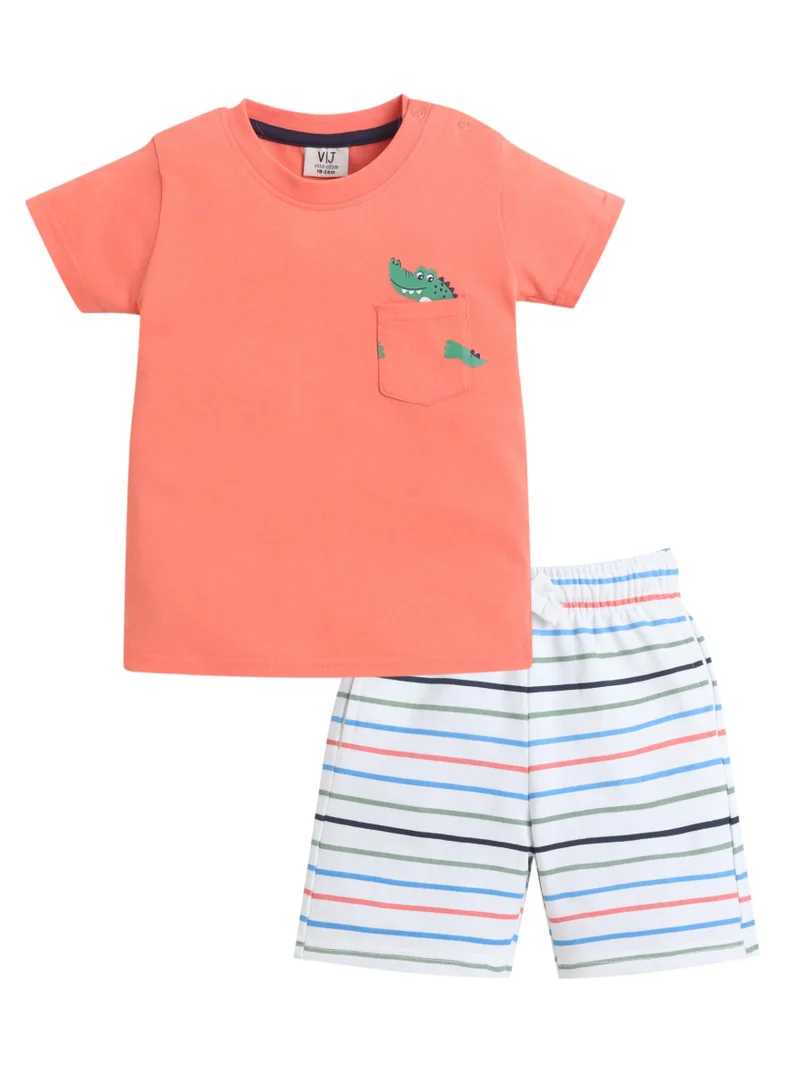 Victor And Jane  Boys Dinosaur Print Cotton T-Shirt & Shorts Set – Summer Daywear for Men | Best Price UAE